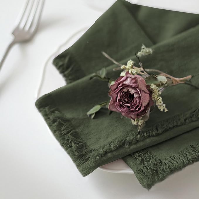 Handmade Cloth Napkins 100% Cotton Napkins with Fringe，Delicate Handmade Cloth Napkins for Dinners, Parties, Weddings and More，18 x 18 Inch Set of 4 - Olive Green