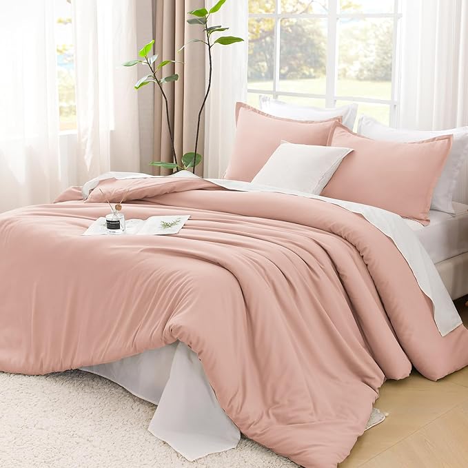 Litanika Pink Comforter Set King Size, 3 Pieces Blush Plain Bedding Comforter Set, All Season Bed Set (90x90In Comforter & 2 Pillowcases)