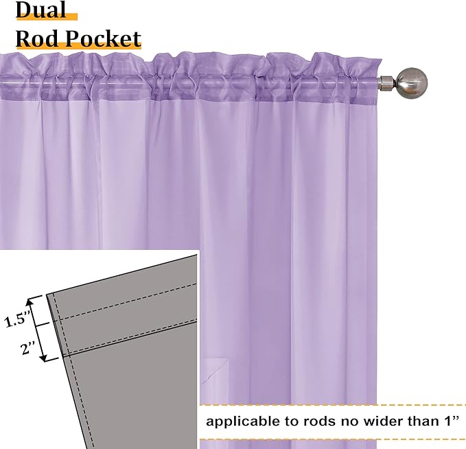 Aiyufeng Light Purple Sheer Curtain Panels Pair Sold 54 Inch Length, Light Filtering Window Curtain Drapes Treatment for Kitchen, Bedroom/Children Room, Voile Top Dual Rod Pocket, 2 Pack of 42 x 54"