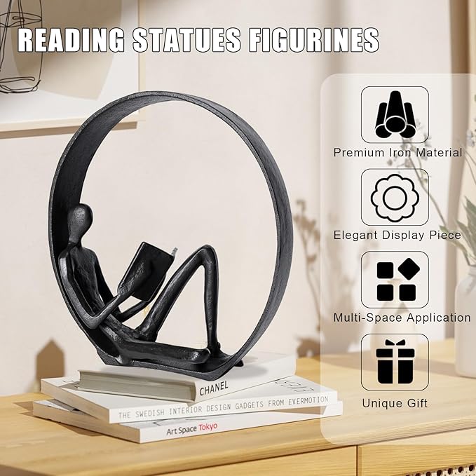 Book Shelf Decor - Reading Figurines and Statues, Cast Iron Figurines, Bookcase Decor Items, Shelf Accessories, Gifts for Readers