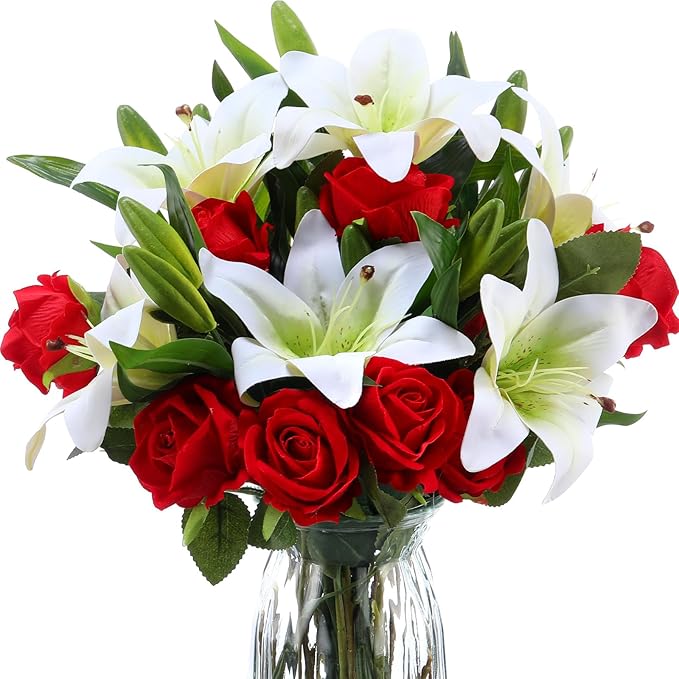 Hotop 20 Pcs Artificial Flowers Velvet Realistic Roses and Latex Lilies Flowers Bouquet Decorations Arrangements for Home Table Centerpieces Independence Day(White, Red)
