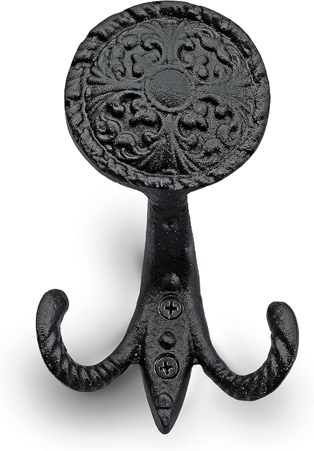 Ambipolar 3-Pack Fleur de lis Plate Style Coat Hooks, Vintage Black Hooks for Coats, Hats, and More, Sturdy Cast Iron Construction, Rustic Farmhouse Theme, Easy Installation Versatile and Durable