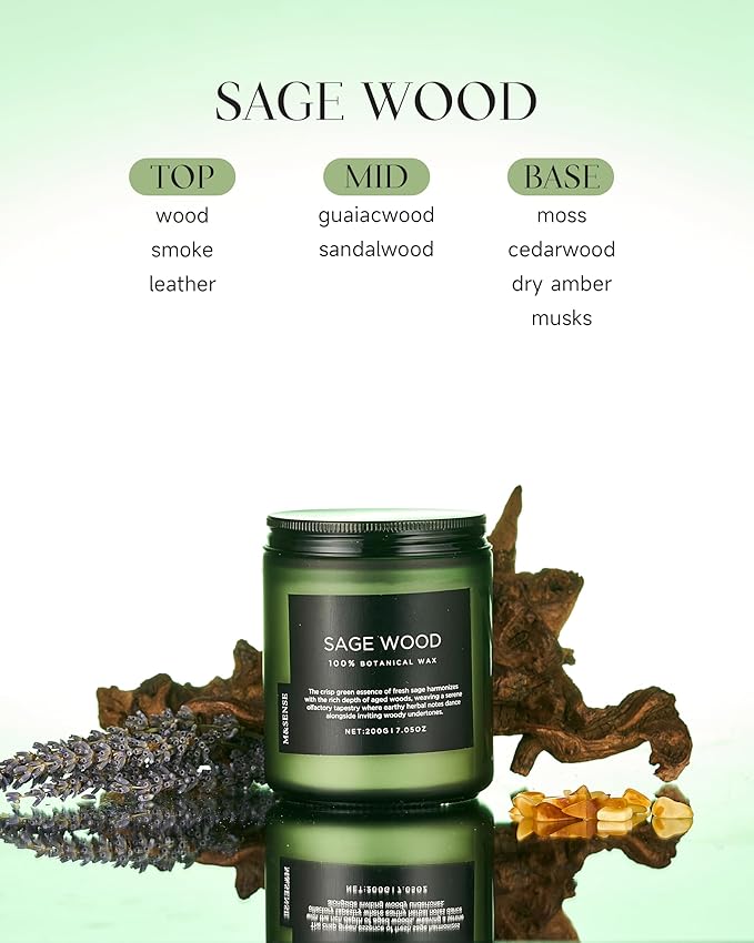 M&SENSE Sage Wood Scented Candle, 7.05oz 50 Hours Long Lasting Clean Non Toxic All Natural Soy Wax Candle for Relaxing & Stress Relief, 2 Wick Home Fragrance Gifts for Home Decor