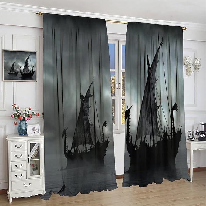 Viking Ship Blackout Curtains,Gloomy Misty Lake Landscape Fantasy Black White Color Sailing Dragon Boat Window Drapes for Boys Girls Bedroom Living Room,Norse Decor 52x84in