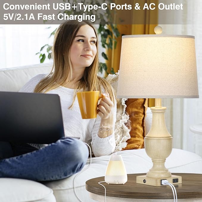 Farmhouse Lamps Set of 2, Vintage Rustic 3-Way Dimmable Touch Control Table Lamp with USB A+C Charging Ports & AC Outlet, Retro Resin Bedside Lamp Linen Shade for Bedroom Office Antique White