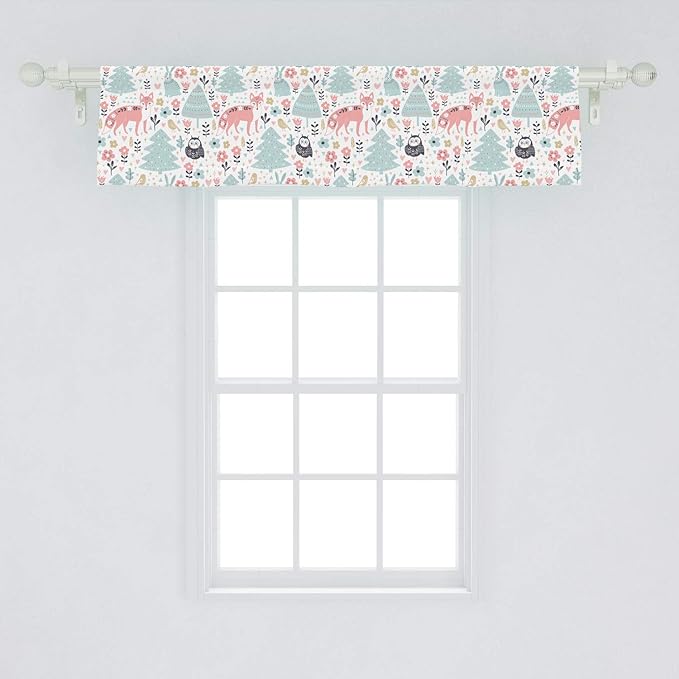 Lunarable Scandinavian Window Valance, Owls and Fox Print in Nordic Cartoon Style, Curtain Valance for Kitchen Bedroom Decor with Rod Pocket, 54" X 12", Coral Pale Blue White