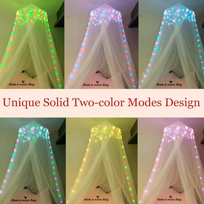 Obrecis Bed Canopy with LED Star Lights, Princess Canopy Bed Curtain with 18 Colors Changing String Lights Remote Timer for Girls Bedroom, Pink Red Blue White Dome Canopy for Twin to King Size Bed