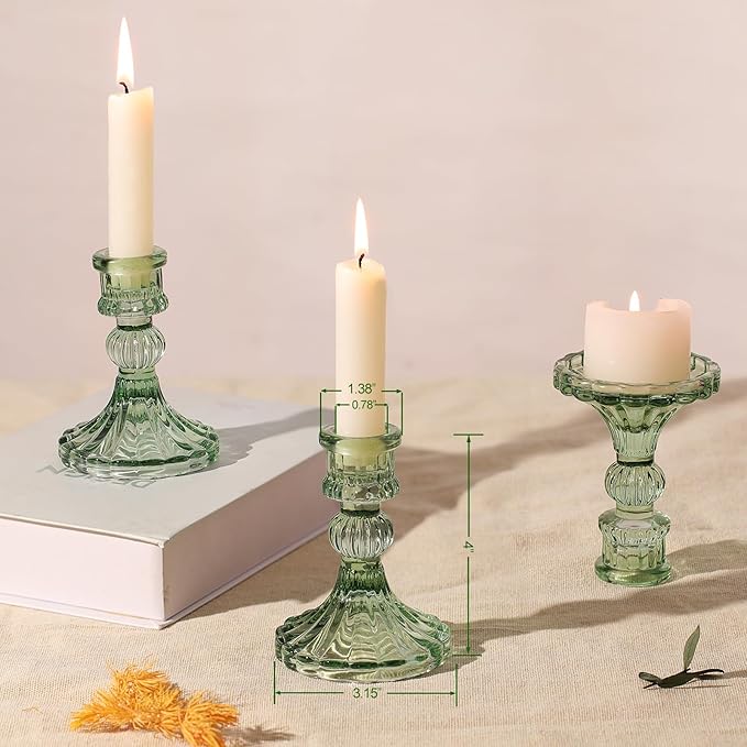12PCS Green Candlestick Holders Set- 4" H Taper Candle Holders, Glass Candle Holders Bulk for Wedding, Party, Home Table Centerpieces, Festival Gifts & Windowsill Decor