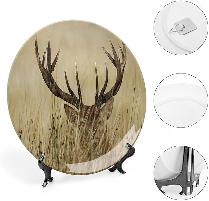 XISUNYA 10 Inch Decorative Plate, Antler Round Porcelain,Whitetail Deer in Wilderness Stag Countryside Rural Hunting Print Ceramic Display Plate for Decorative Ornaments Giving Plates