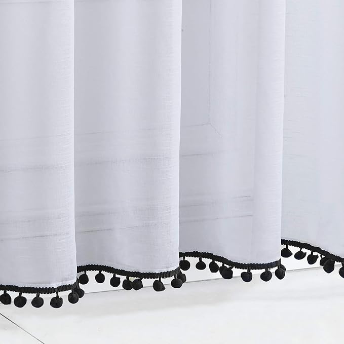 Treatmentex Black and White Sheer Curtains for Living Room 95" Long Linen Curtain Draperies for Nursery Room Decorative Pompom Voiles 2 Panels
