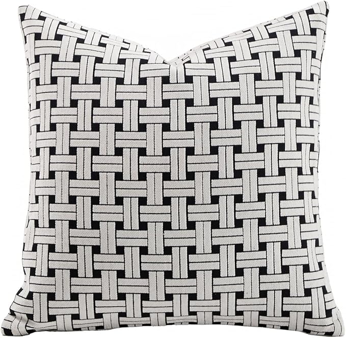 Premium Throw Pillow Covers 18x18 Inches - Black Interlaced Weave Grid Chenille Jacquard Embroidery Decorative Couch Pillow Covers for Living Room Bedroom Sofa Home Décor