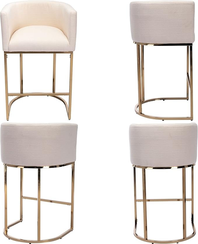 Modern Counter Height Linen Upholstered Bar Stools Set of 2, 29" Kitchen Counter Island Stools Bar Chairs with Gold Metal Frame for Kitchen Island, Cream