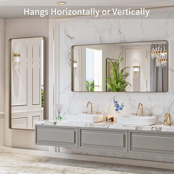 LOAAO 60”X28” Bronze Bathroom Mirrors for Vanity, Rounded Rectangle Brushed Bronze Metal Frame Mirror, Anti-Rust, Tempered Glass, Hangs Horizontally or Vertically