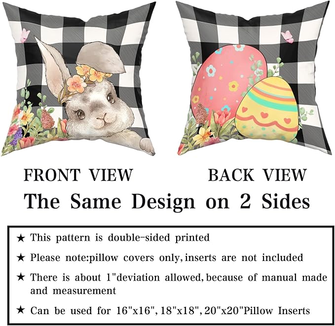 Giwawa Easter Pillow Covers 20x20 Inch, Easter Bunny Eggs Throw Pillowcases with Black White Buffalo Plaids, Cute Rabbit Spring Flower Cotton Cushion Cover for Sofa Couch Bedding Decor, Set of 2