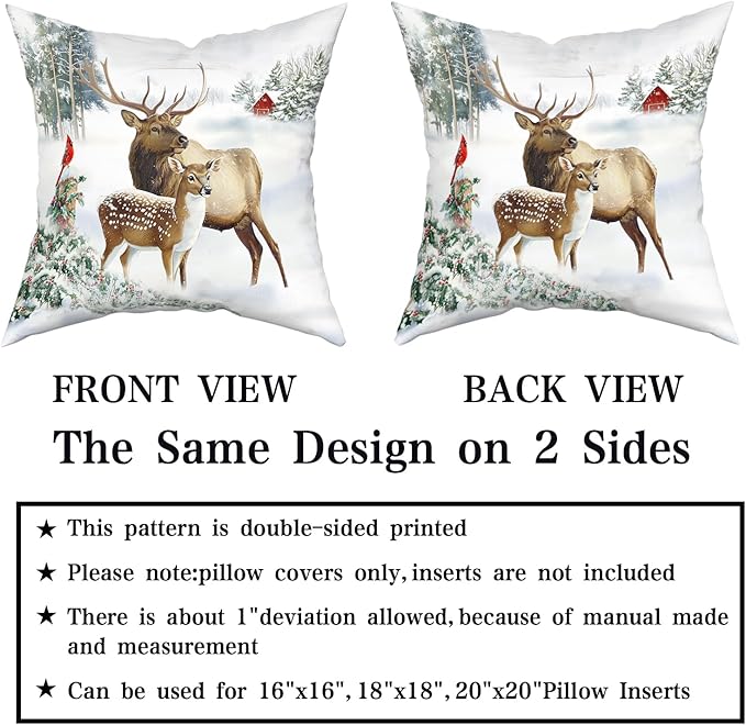 Giwawa Winter Deer Pillow Covers Set of 2, Farmhouse Elk Reindeer Wildlife Cotton Pillow Cases, 20"x20" Xmas Tree Snow Cottage Throw Cushion Covers for Sofa Couch Bedroom Indoor Outdoor Decor