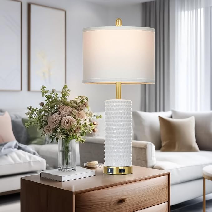 26" White Table Lamps for Living Room Set of 2, Ceramic Bedroom Lamps for Nightstands, Modern Bedside Lamps for Bedroom Living Room, Nightstand Lamps for End Table, Hallway, Gold and White