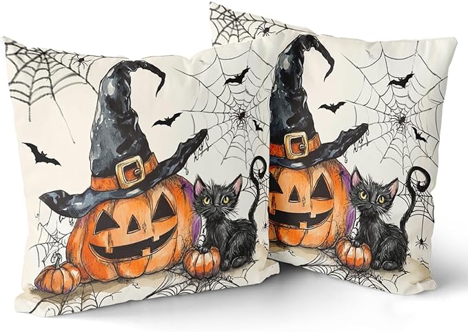 Giwawa Halloween Pillow Covers Set of 2- Rustic Spooky Pumpkin Black Cat Cotton Double Sided Throw Pillow Cases- Gothic Spider Web Bats Soft Cushion Cover 18"x18" for Sofa Porch Holiday Decor