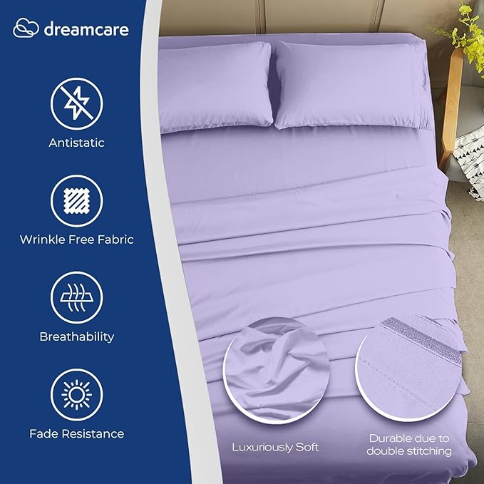 DREAMCARE Twin XL Sheets Set - 4 Pcs Cooling Bed Sheets with Up to 15" Deep Pockets - Soft, Long-Lasting 100% Brushed Polyester with Side Pocket (Lavender)