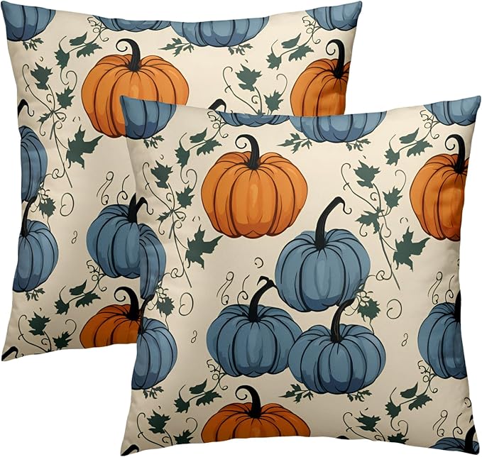 Fall Pumpkin Throw Pillow Covers - Orange Blue Pumpkins Pillow Covers 16x16 Set of 2 Autumn Harvest Pillowcase Thanksgiving Farmhouse Cushion Case for Sofa Couch Outdoor Porch