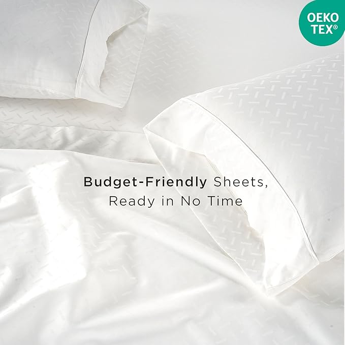 Threadmill Cotton Full Size Sheet Set | 100% Cotton Sheets for Full Size Bed | Damask Jacquard Full Bed Sheets Set with 16” Deep Pocket | Soft Sateen Weave 4-Piece Cooling Bedding Set | White