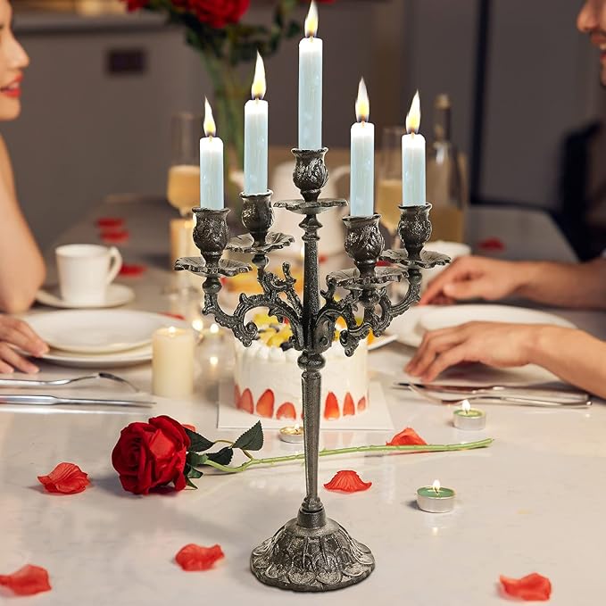 Sungmor Heavy Duty Cast Iron Candlestick Holders - Handcrafted Vintage Candelabra - 17Inch Tall & 5 Arms Candle Holders - Decorative Pillar Candle Stand for Christmas Birthday Wedding Home Party