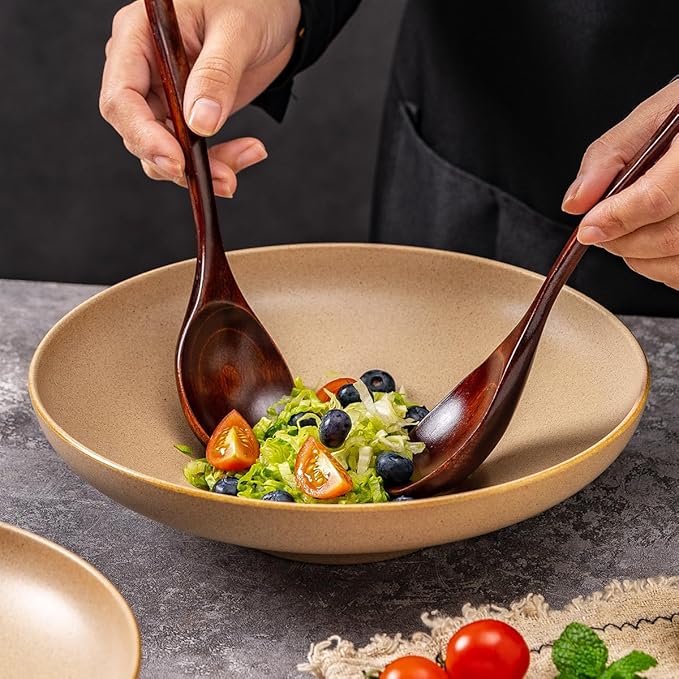 Ceramic Serving Bowls with Wooden Spoons Set of 2, Large Serving Bowl for Dinner Salad Soup Pasta Dessert Fish Fruit Chicken Bread, Oven Dishwasher Safe, 50oz Bowl for Entertaining, 9.75" Khaki