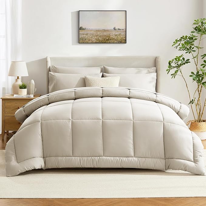 CozyLux California King Comforter Sets Oatmeal, 7 Pieces Cal King Bed in a Bag, All Season Bedding Sets with Stitch Quilted Comforter, Flat Sheet, Fitted Sheet, Pillowcases