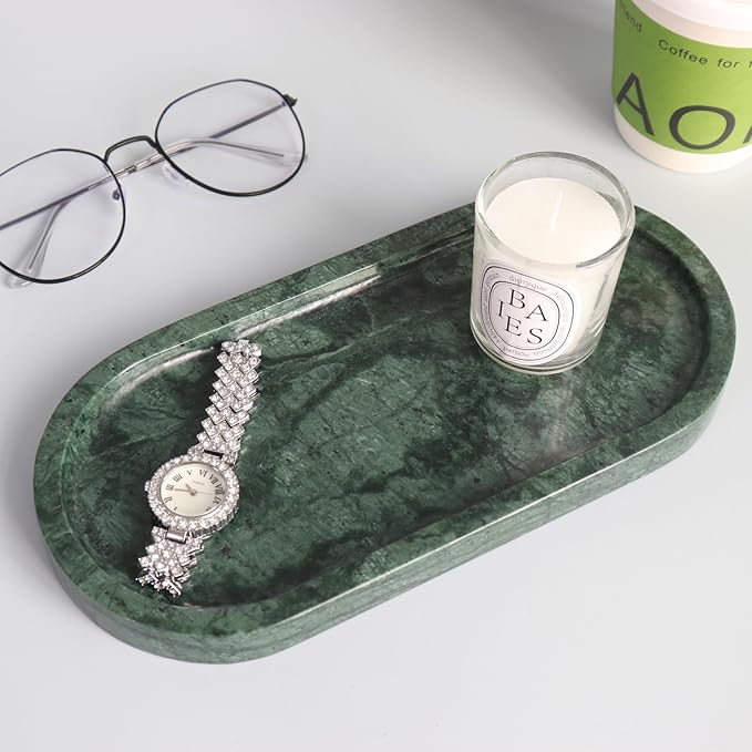 Natural Marble Tray, Oval Vanity Decorative Tray for Bathroom Counter, Countertop Stone Organizer, Catchall Tray for Kitchen, Perfume, Candles, Jewelry Dish Decorative Tray