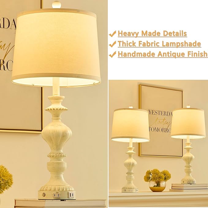 27.5" Farmhouse Table Lamps Set of 2 Bedside Nightstand Lamp with USB C+A Ports & AC Outlet, 3 Way Dimmable Touch Lamps for Bedroom Living Room Office Rustic Lamp (White Gold)