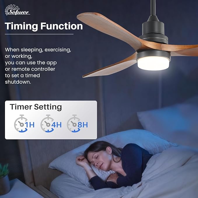Sofucor 52 Inch Solid Wood Ceiling Fans With Lights, Low Profile Ceiling Fan with Light and Remote, 3 Downrod, Reversible DC Motor, Indoor/Outdoor 3 Blade Ceiling Fan Light for Bedroom Farmhouse Patio