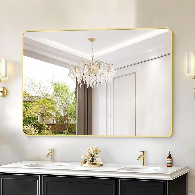 55"x36" Gold Bathroom Mirror, Large Rectangle Mirror, Rectangular Wall Mirror, Rounded Corner Vanity Mirror with Aluminum Metal Frame for Bathroom Bedroom Living Room Horizontal/Vertical