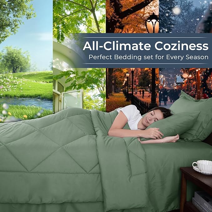 HEVUMYI Sage Green Queen Comforter Set - 7-Piece All Season Bed in a Bag Queen, Ultra Soft Bedding Set with Comforter, Flat Sheet, Fitted Sheet, Pillowcases, Pillow Shams, Sage Green
