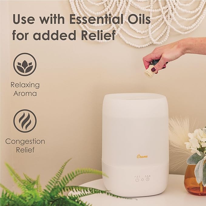 Crane Ultra-Quiet 3-in-1 Humidifier for Baby with Essential Oil Tray, 7-Color Sleep Light, 1 Gallon Top-Fill Tank, Ideal for Bedroom
