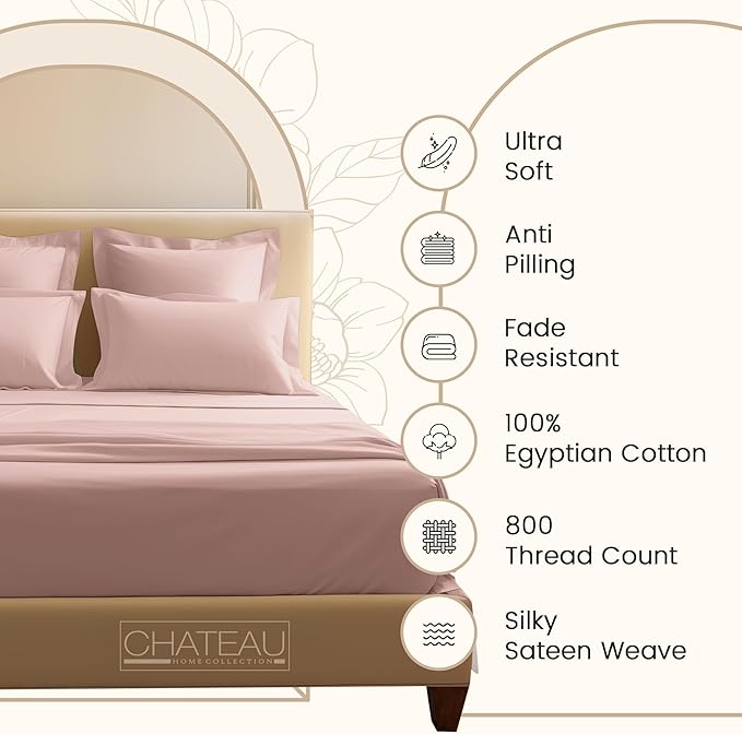100% Cotton Bed Sheets Queen Size Bed Set, 800 TC 15" Deep Pocket Queen Sheet Set, Soft Breathable Sateen Weave Egyptian Cotton Sheets No Pill & Shrink, Machine Washable Pink Sheet- Sepia Rose