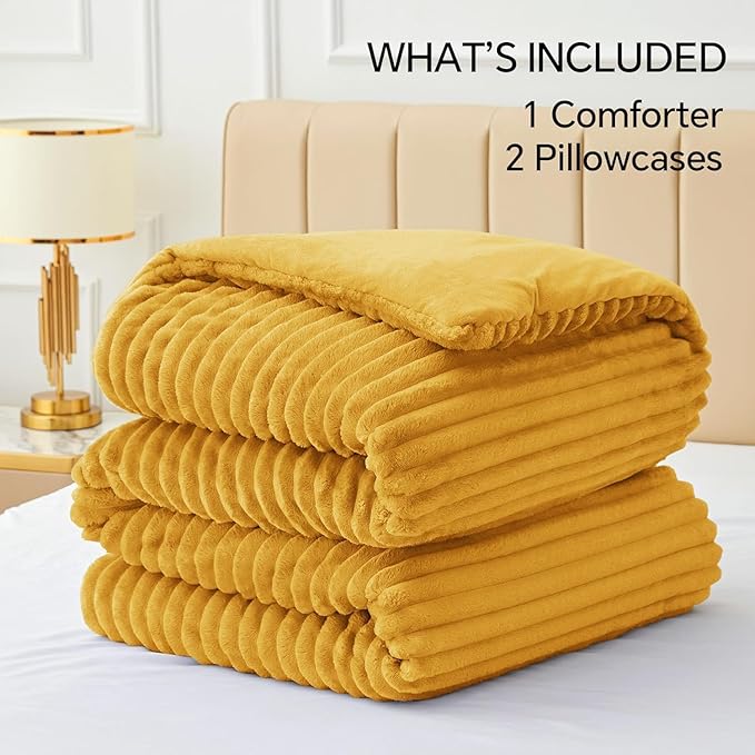 BEDELITE Fleece Full Comforter Set -Super Soft & Warm Fluffy Mustard Yellow Bedding, Luxury Fuzzy Heavy Bed Set for Winter with 2 Pillow Cases