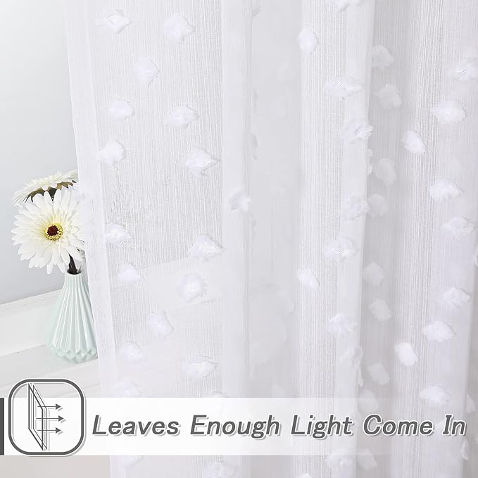MYSKY HOME Pom Pom White Sheer Curtains for Bedroom Girls Room Curtains 84 Inches Long for Nursery Kids Light Filtering Boho Window Drapes, Rod Pocket, 52" Wide, 2 Panels