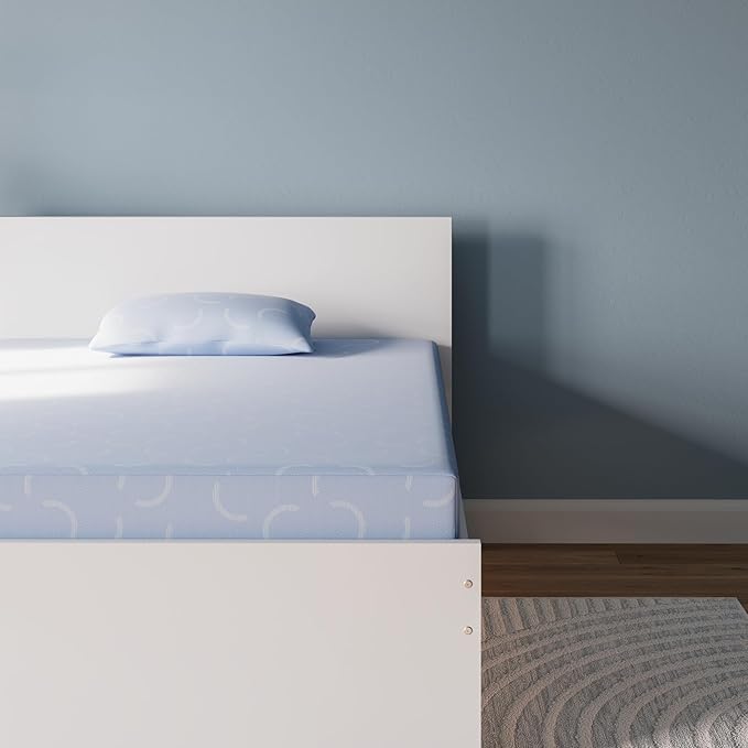 Signature Design by Ashley Full Size iKidz 7 Inch Firm Gel Memory Foam Mattress with Stretch Knit Cover & Pillow Included, Blue Ocean, Fiberglass Free, Mattress in A Box