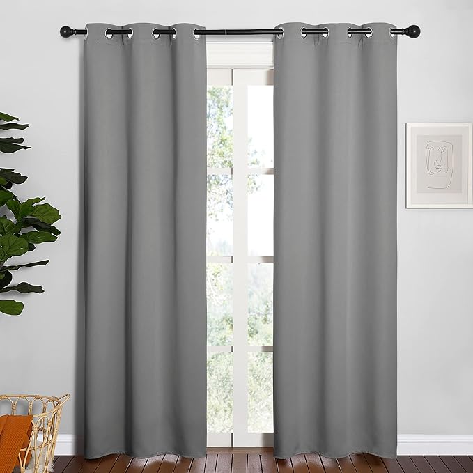 NICETOWN Bedroom Curtains Blackout Drapery Panels, Three Pass Microfiber Thermal Insulated Solid Ring Top Blackout Window Curtains/Drapes (Two Panels, 34 x 84 inches, Silver Grey)