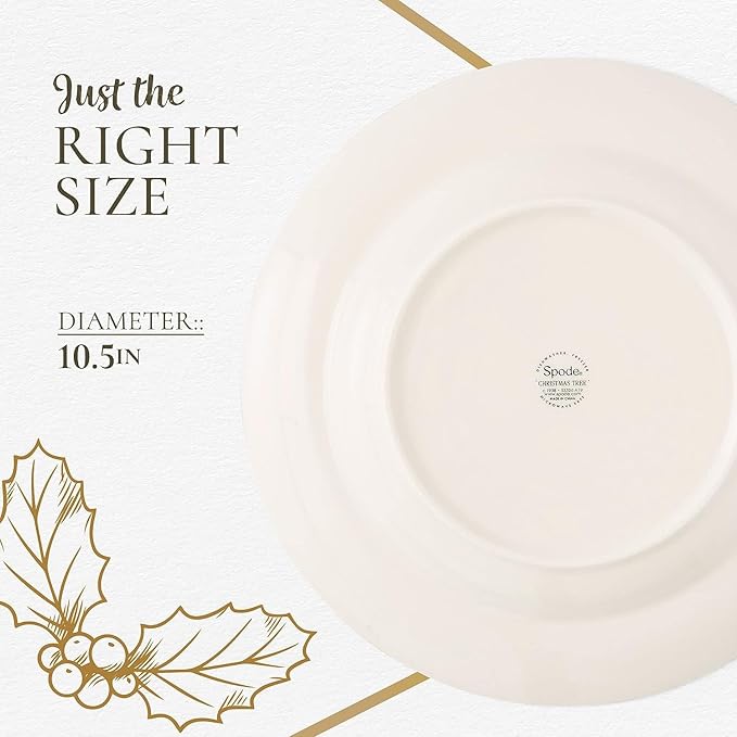Spode Christmas Tree 10.5" Dinner Plate (Set of 4) - Festive Holiday Stoneware Plate with Christmas Tree & Green Borders, Microwave, Dishwasher, Freezer & Oven Safe - Holiday Tableware