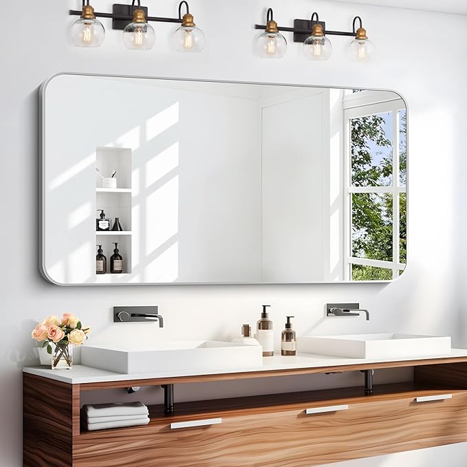 24" x 48"Bathroom Mirror, Sliver Wall Mirror with Metal Frame, Decorative Rectangular Vanity Mirror for Bedroom Bathroom Living Room Entryway (Horizontal/Vertical)