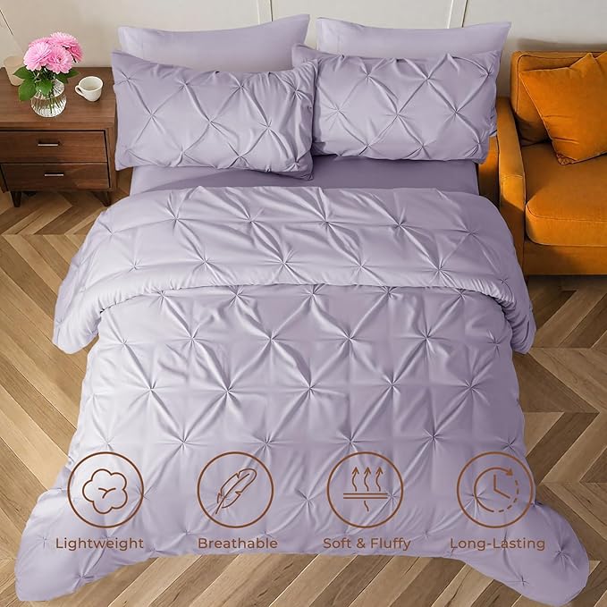 Sasttie Twin XL Comforter Set, 5-Piece Bed in a Bag, Pintuck Bedding Sets for All Season, Includes Comforter, Flat Sheet, Fitted Sheet, Pillowcase and Pillowsham, Lavender