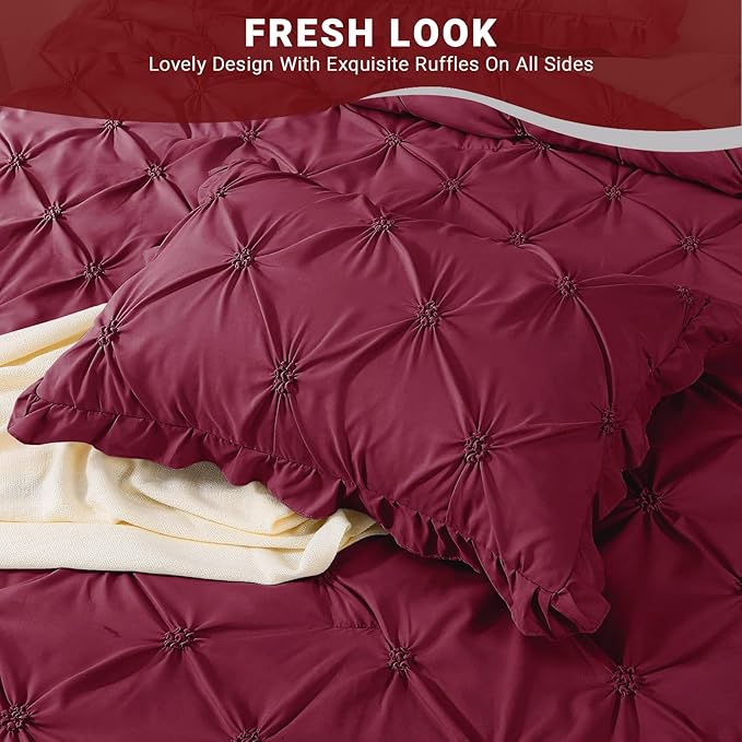 JOLLYVOGUE Burgundy Cal King Size Comforter Sets 7 Pieces, Pintuck Bed in a Bag Comforter Set for Bedroom, Bedding Comforter Sets with Comforter, Sheets,Ruffled Shams & Pillowcases