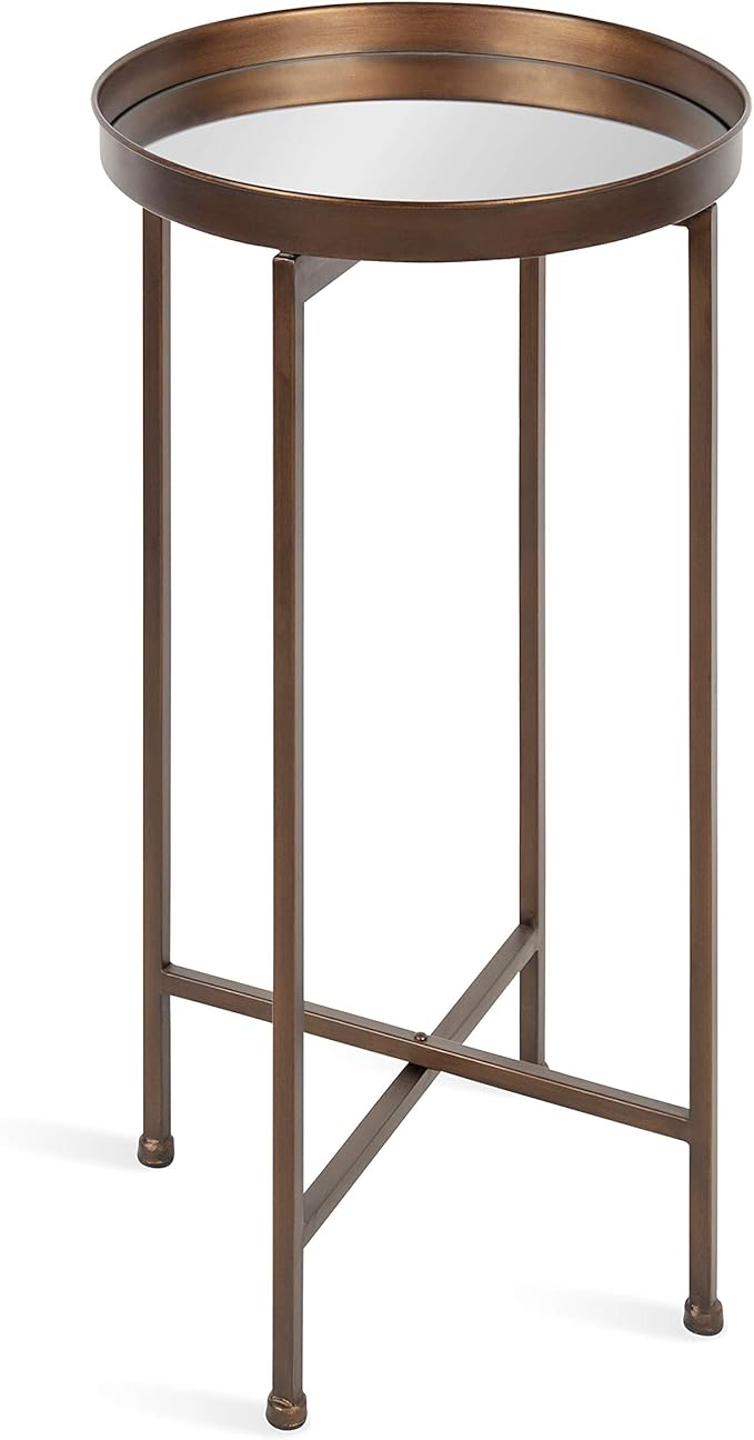 Kate and Laurel Celia Round Metal Foldable Accent Table with Mirror Tray Top, Bronze