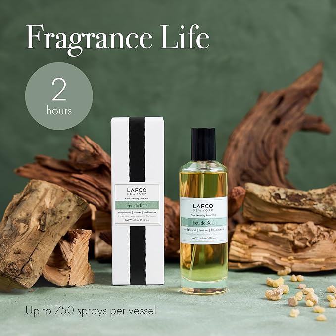 LAFCO New York Odor Removing Room Mist, Feu de Bois - 4 oz - Eliminates Unpleasant Scents & Provides Luxurious Fragrance - Up to 750 Pump Sprays Per Bottle - Made in the USA