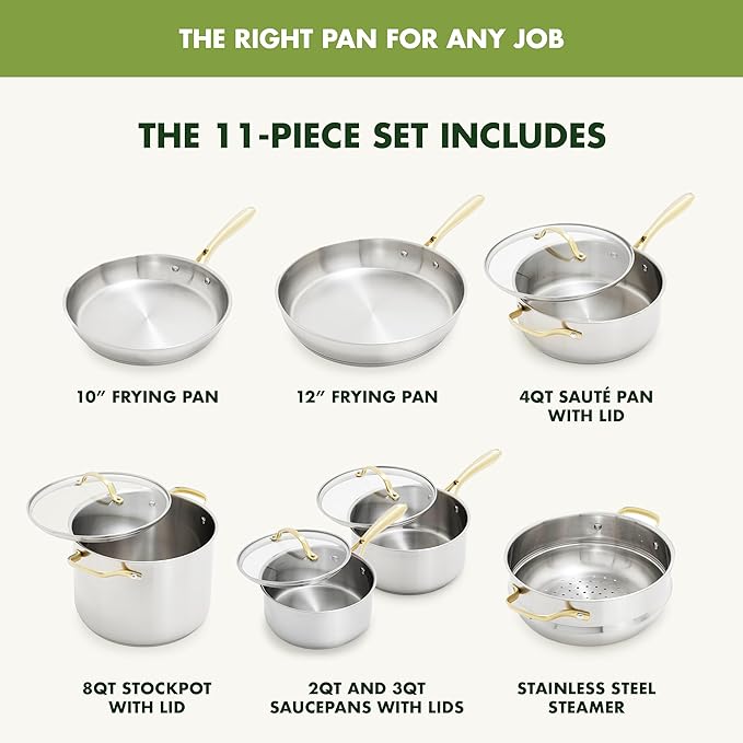 GreenPan 11 Piece Stainless Steel Cookware Set, Induction Ready, Measurement Markings, Dishwasher & Oven Safe 600F, Pots & Pans, Sauce, Saute, Frying Pans, Gold