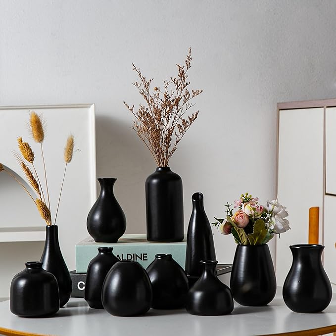 Black Ceramic Bud Vase Set of 11, Small Vases for Pampas Grass, Flowers, Mini Vases for Modern Home Decor, Minimalist Decor, for Living Room, Dining Table & Shelves