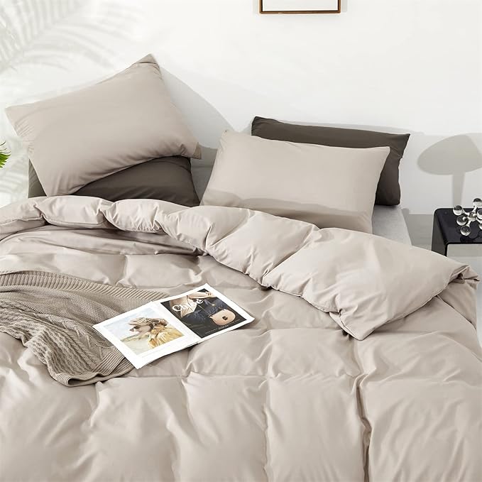 KAREVER Beige Khaki Comforter Set Queen Size Cream Khaki Bedding Set Women 3 Pieces Champagne Queen Taupe Bed Blanket Set All Season Gift