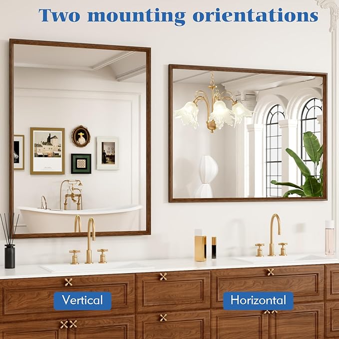 Rectangle Walnut Bathroom Mirror 40x30 Inch, Anti-Rust 4MM Tempered Glass, Modern Vanity Mirror for Bathroom, Horizontal or Vertical Wall Mount