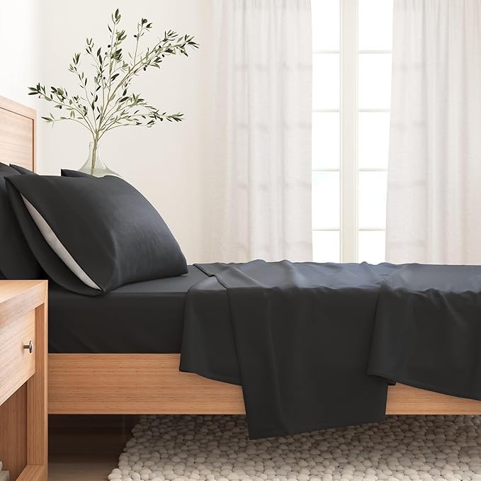 Great Bay Home Flannel Sheet Set Full Size - 100% Turkish Cotton, Double-Brushed, Winter Bed Sheets - Ultra-Soft, Cozy, 4-Piece Bedding Set (Black)