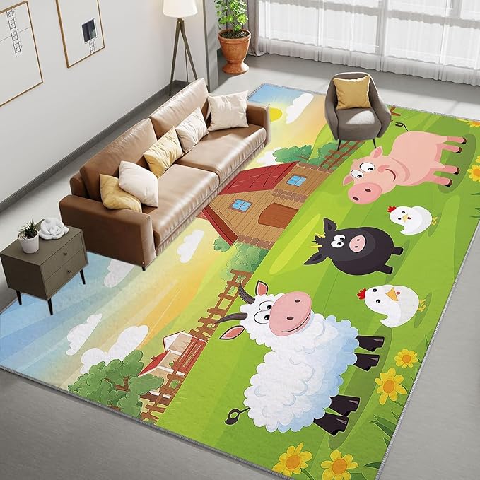 Area Rug for Living Room 6x9 ft Cartoon Farm Sheep Pig Machine Washable Non-Slip Rugs, Soft Accent Rugs, Lightweight Carpet, Foldable Easy Care, Stylish Indoor Area Rug